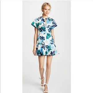ALEXIS Reede Floral Flounce Mini Dress Blue Green Pleats Keyhole Cotton Party XS